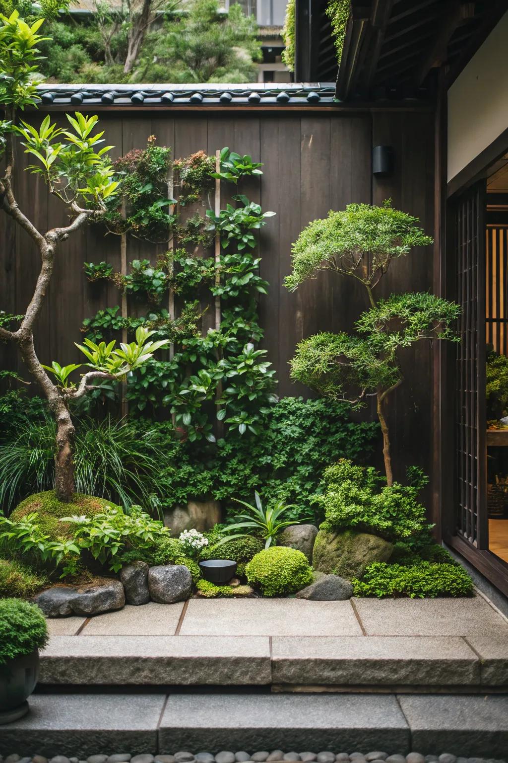 A Japanese-inspired vertical garden filled with rich greenery.