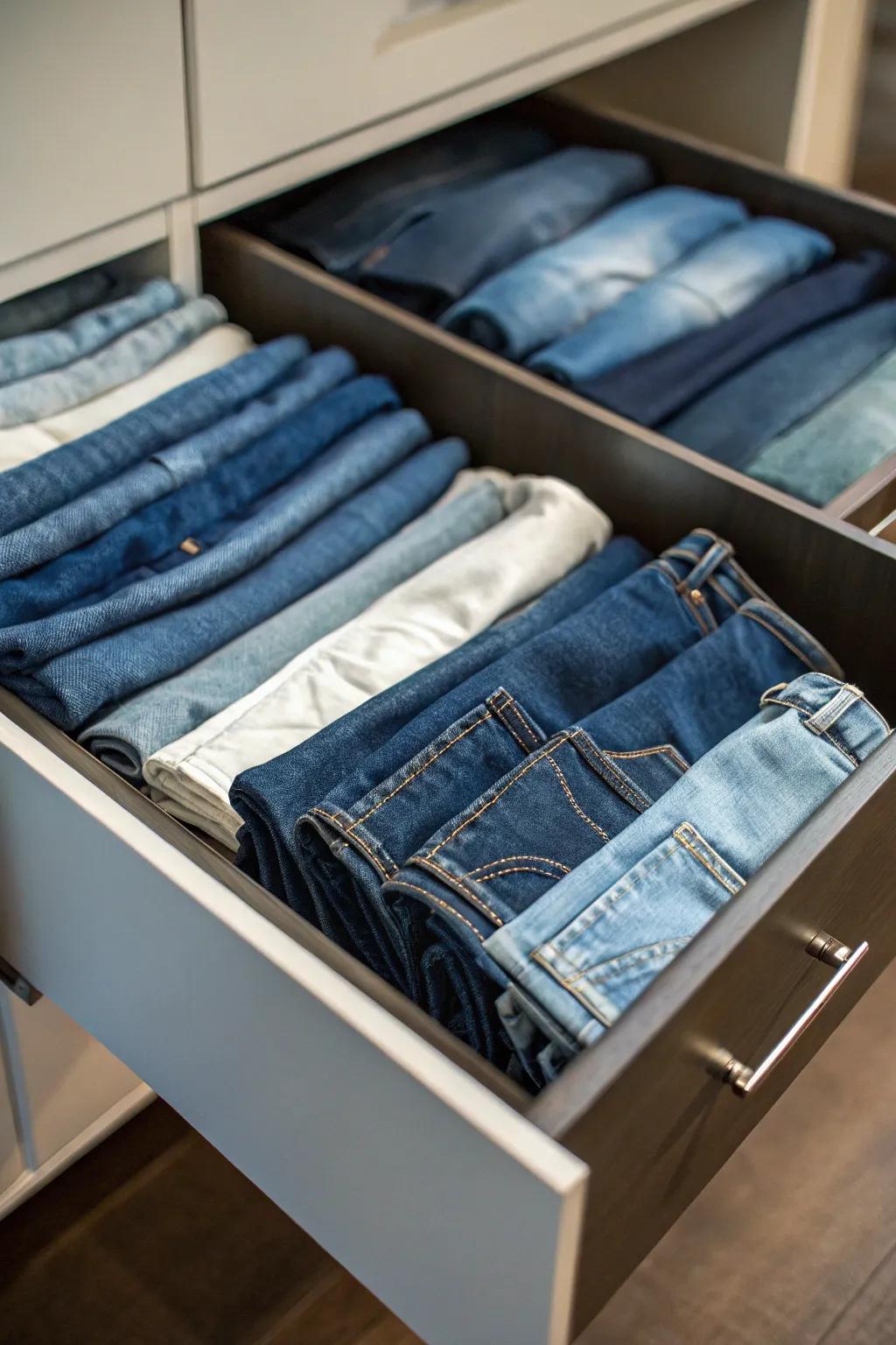 A dedicated jeans drawer maintains your denim selection arranged and accessible.