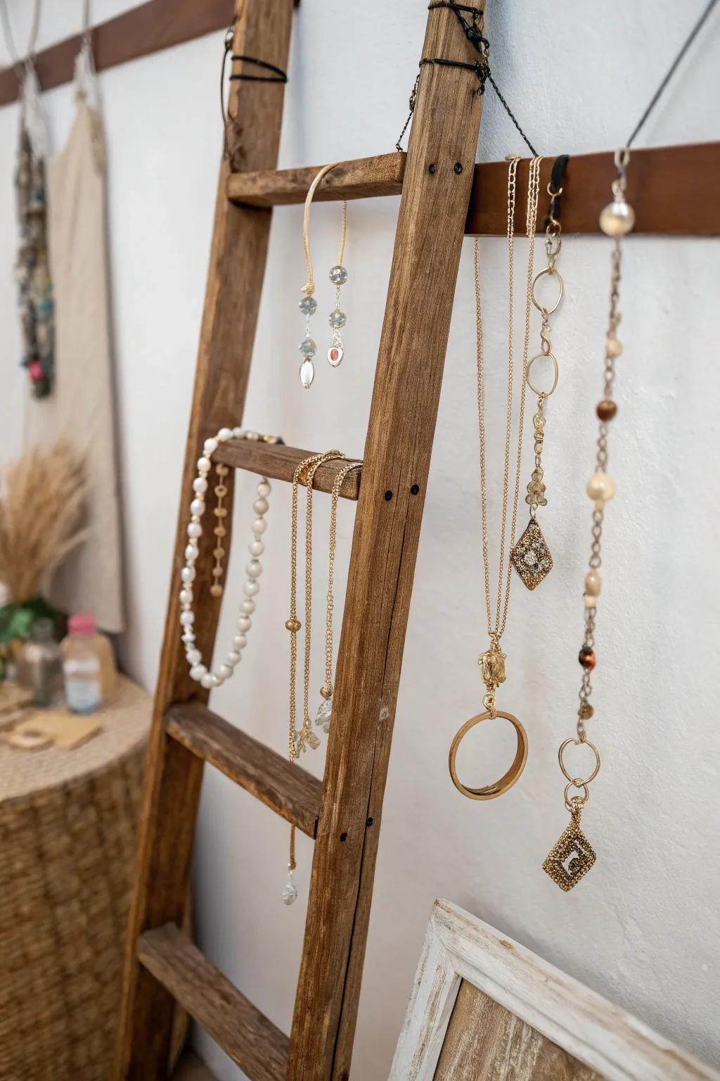 A repurposed ladder used for jewelry display