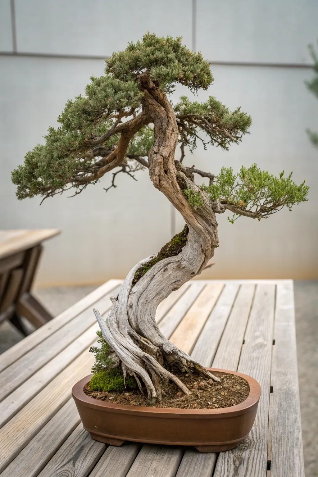 A driftwood configuration juniper bonsai intermingling seamlessly with natural wood.