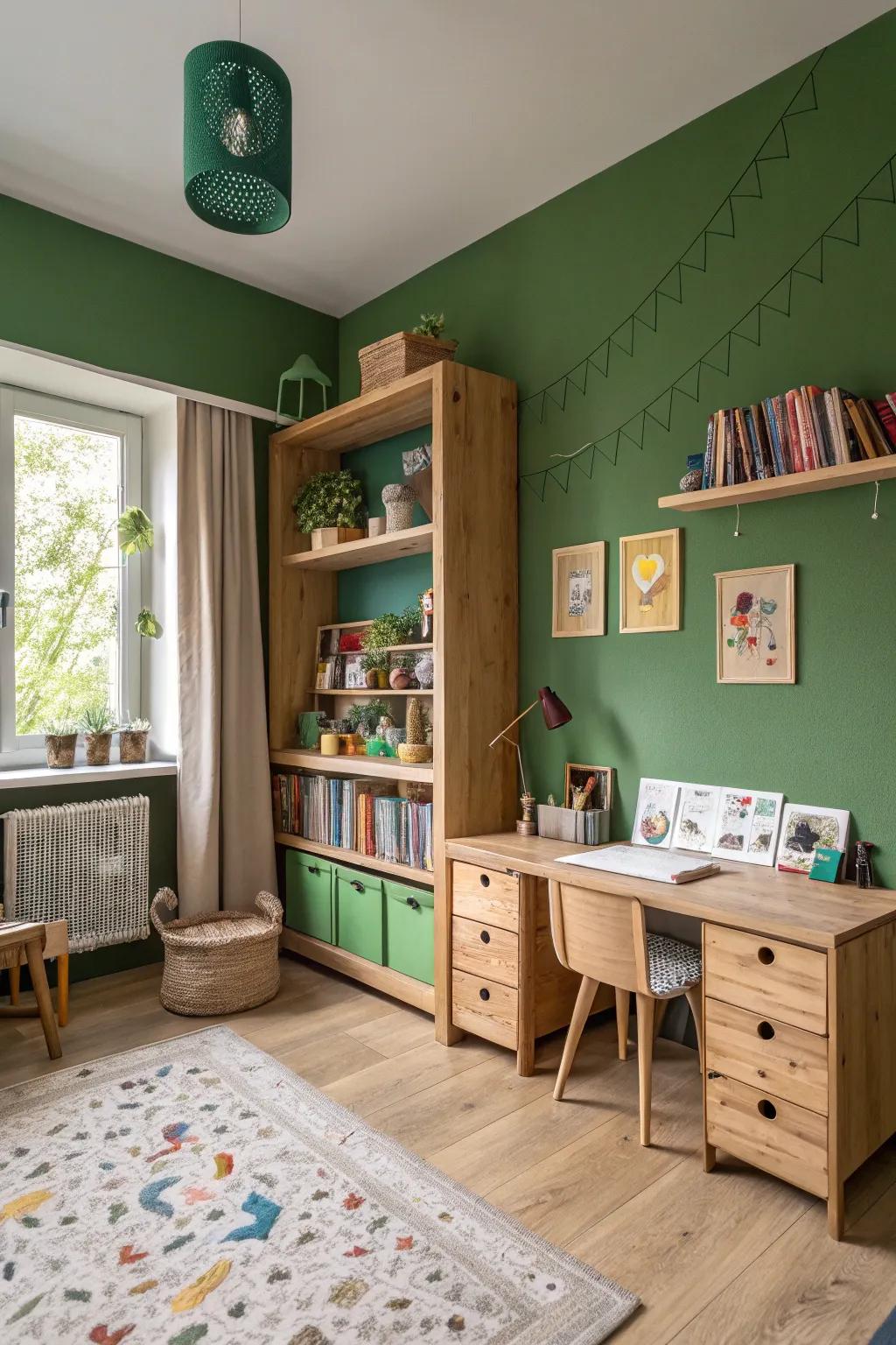 Forest green connects the room with the beauty of nature.