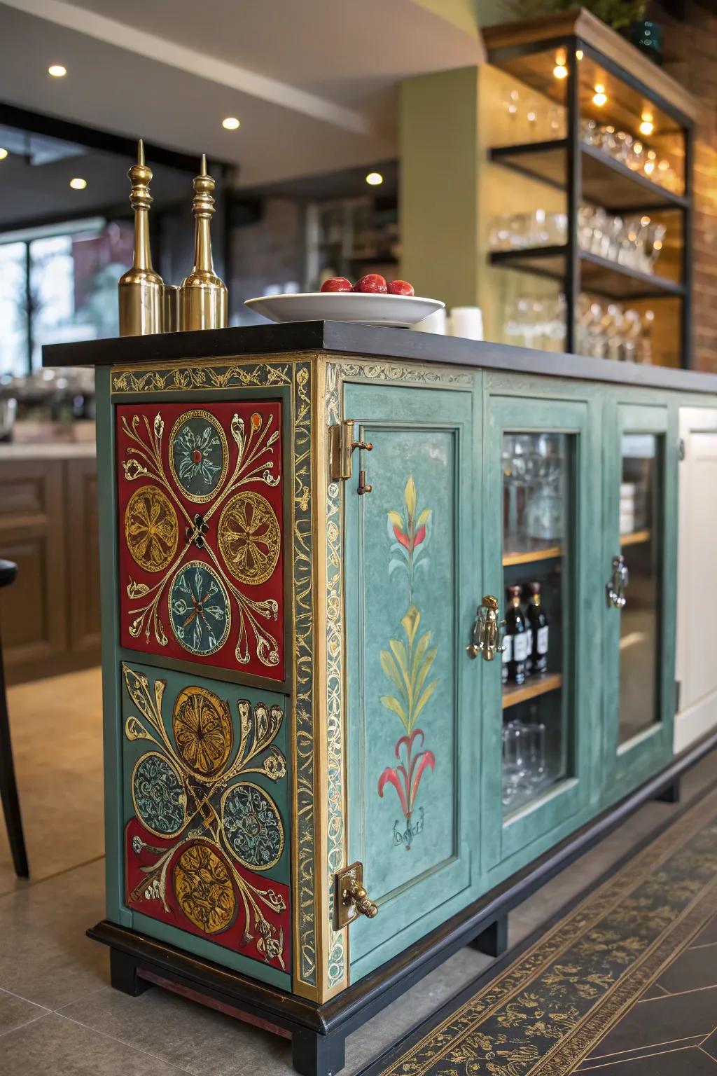 Creative impression turns this bar cabinet into a statement piece.