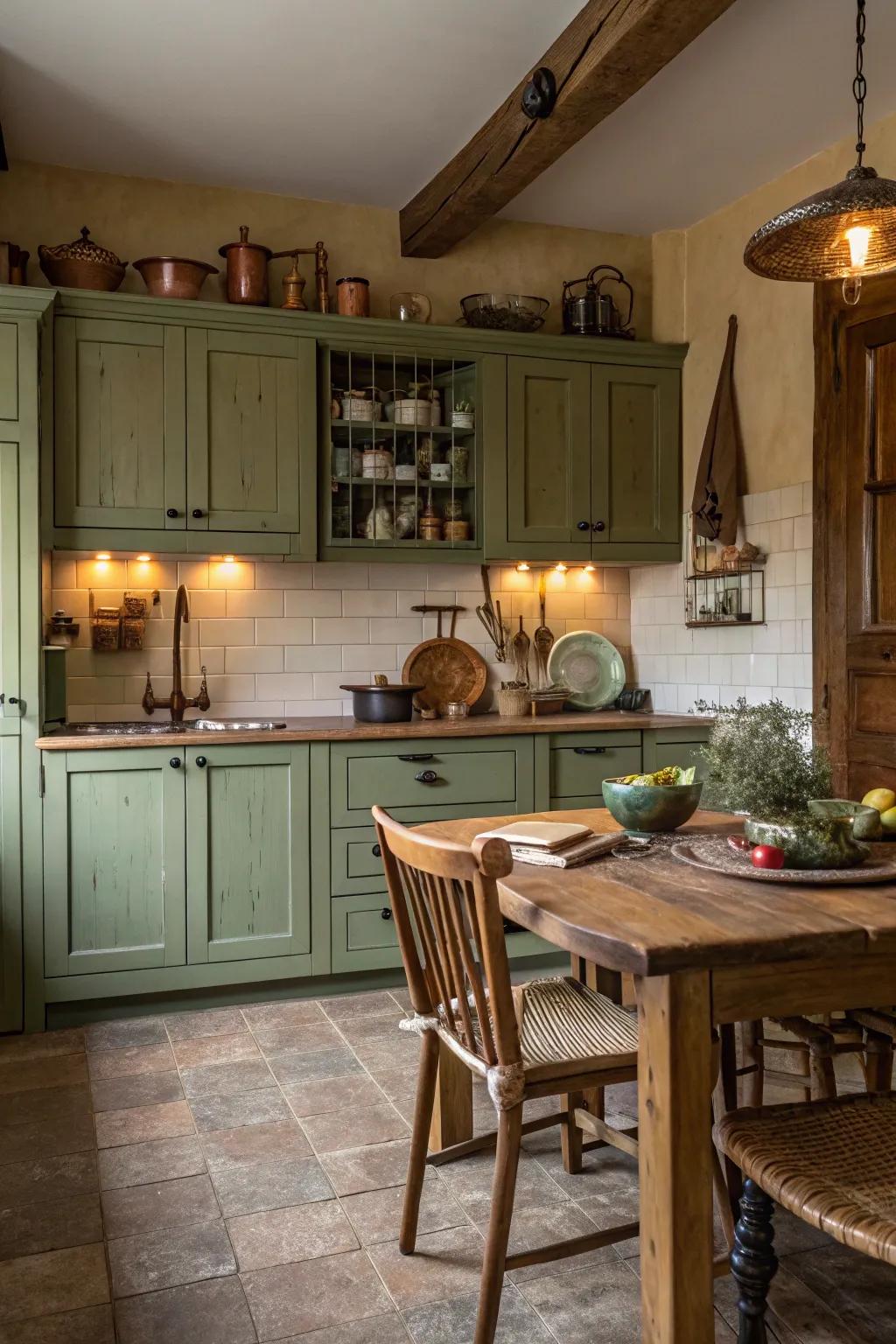 Olive green cabinets add rustic charm and warmth to the kitchen.