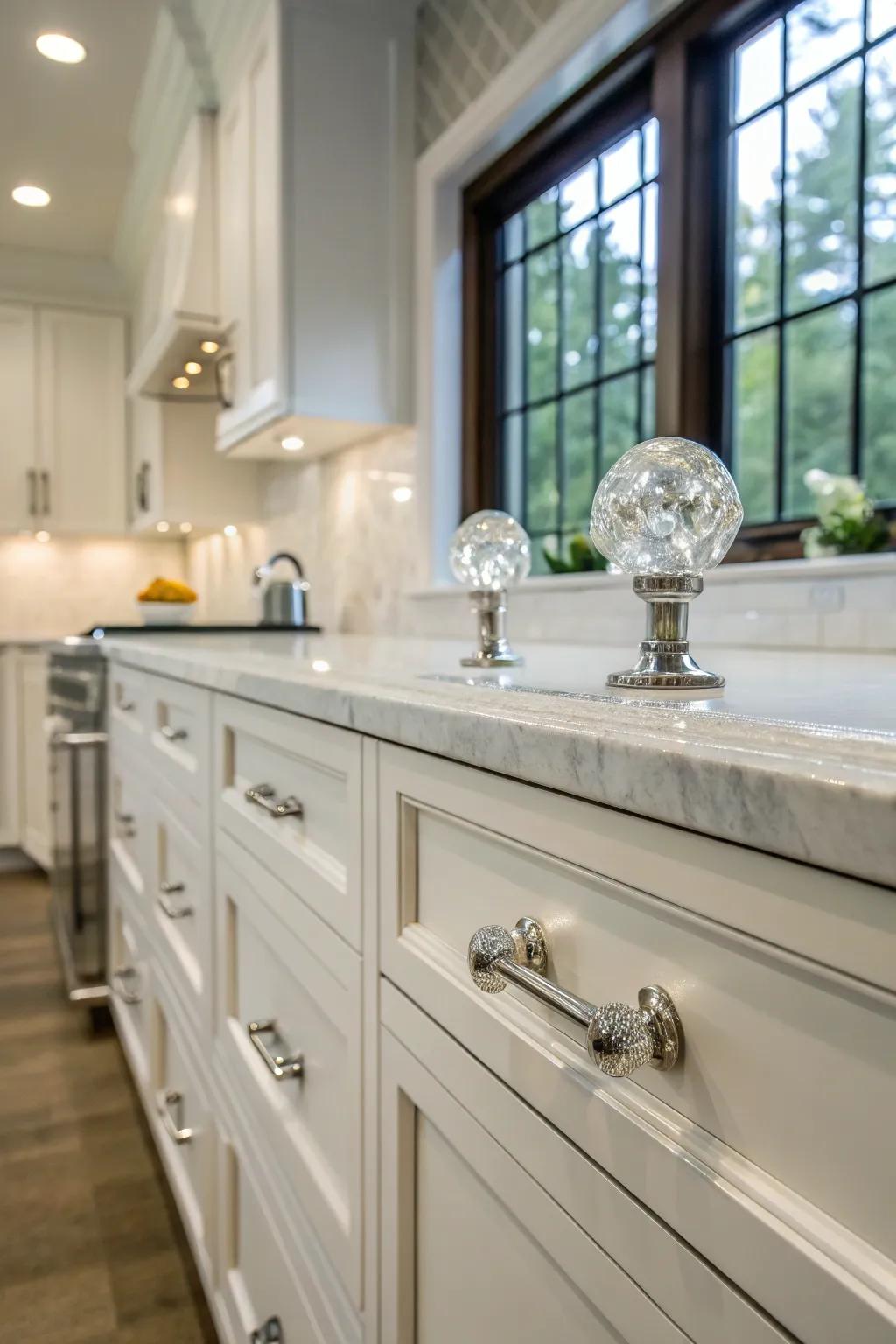 Crystal knobs add glamour and a touch of sparkle to kitchen decor.