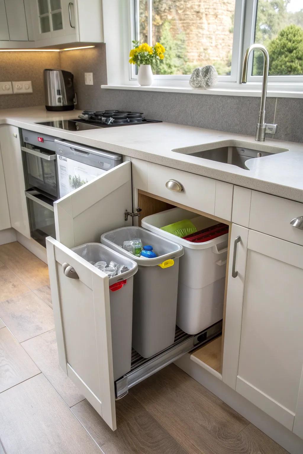 Rotating bins offer a neat solution for managing kitchen waste.