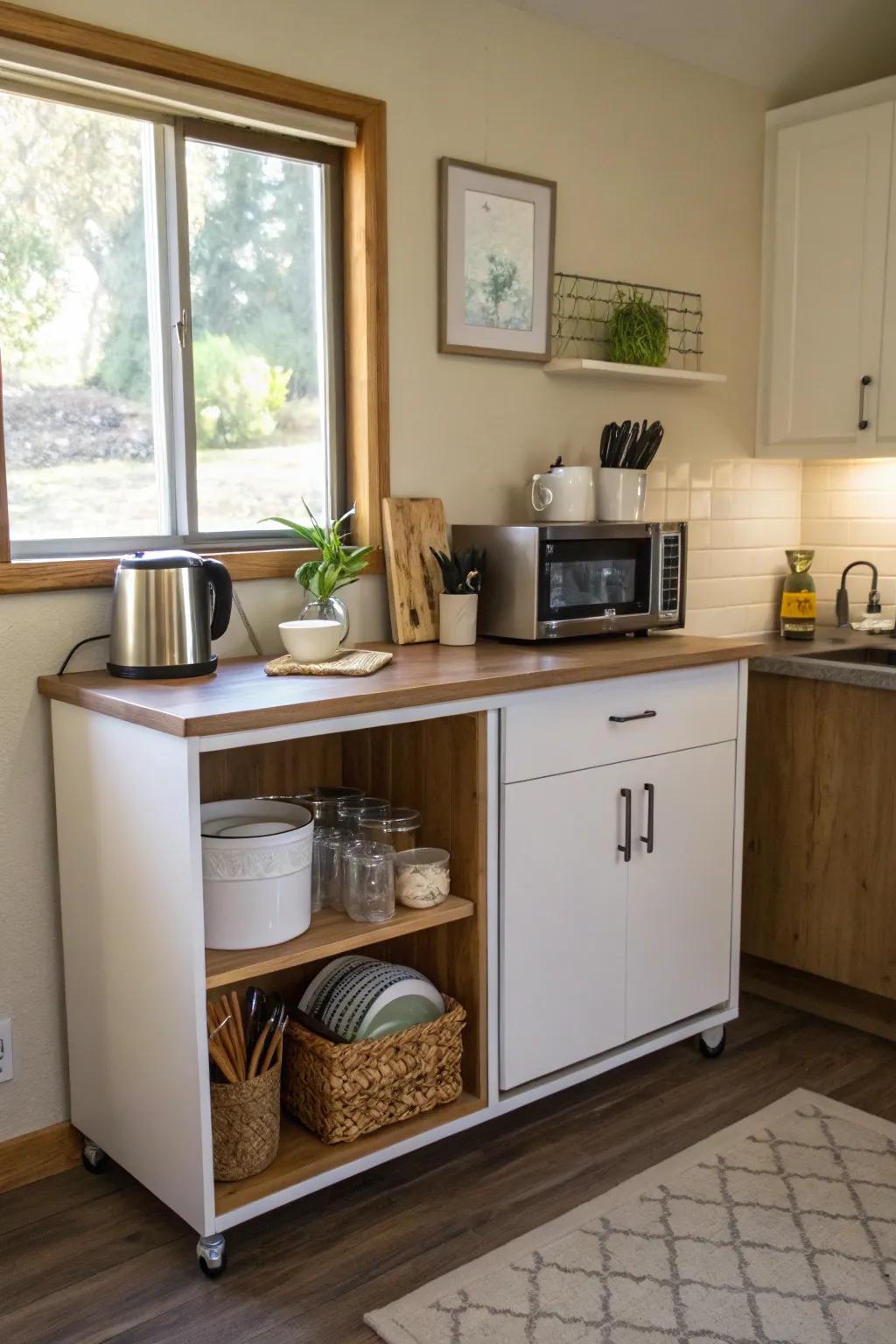 A compact credenza offers stylish storage in a small kitchen.