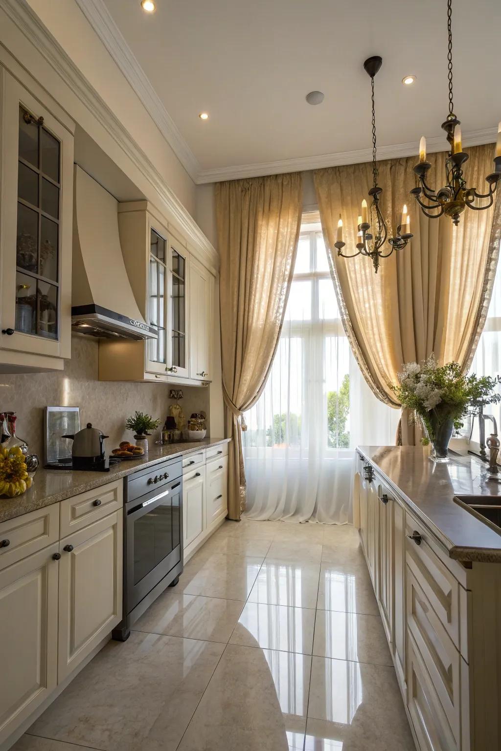 High window covering placement creates the illusion of taller windows.