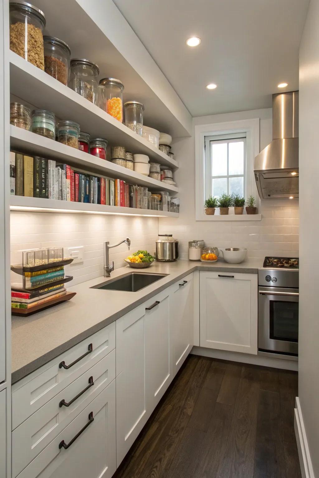 Floating shelves are ideal for small kitchens.
