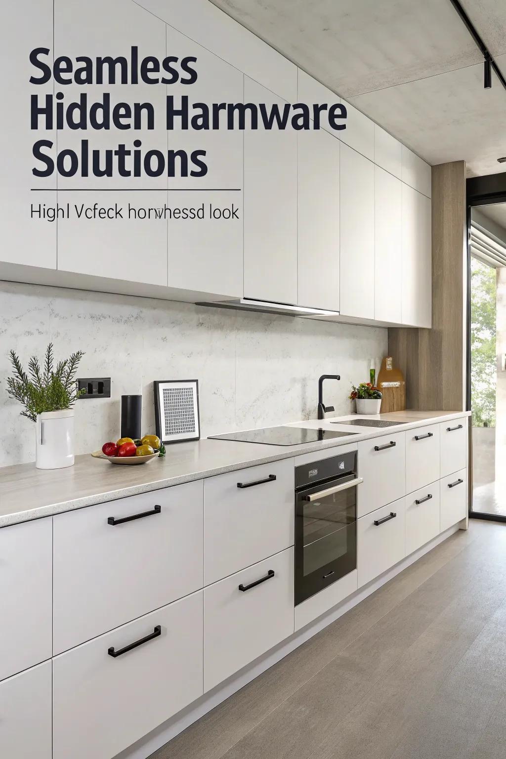 Covered hardware that allows for a fluid and streamlined kitchen design.