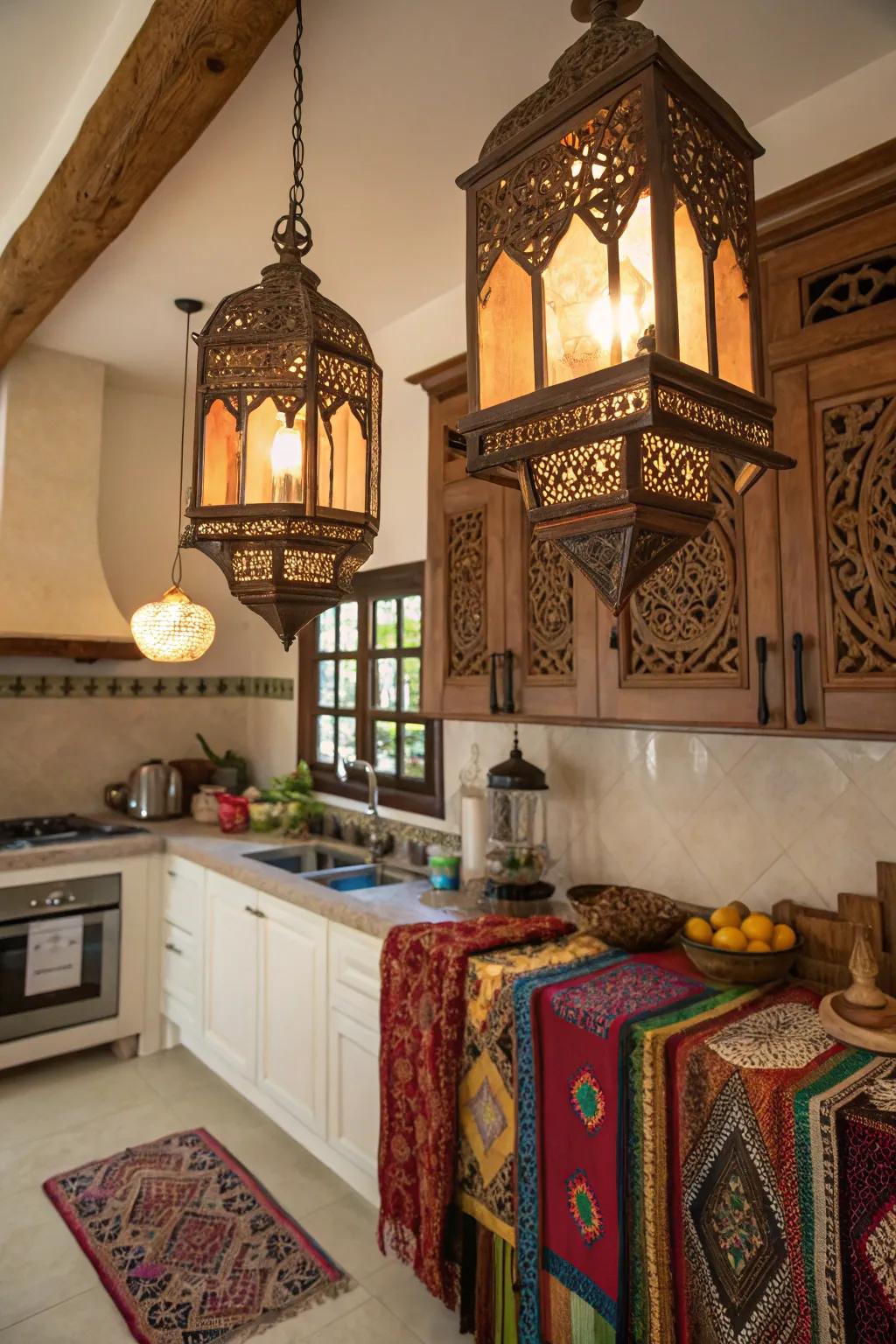 Hanging lanterns adding a global touch.