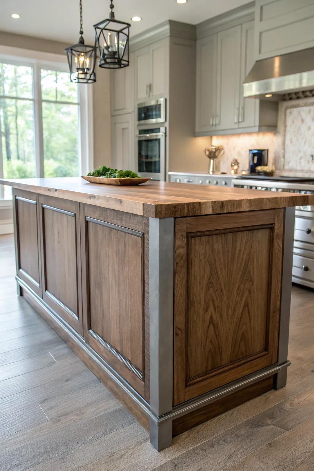 Stylish island with a blend of wood and metal trim for a multi-dimensional style.