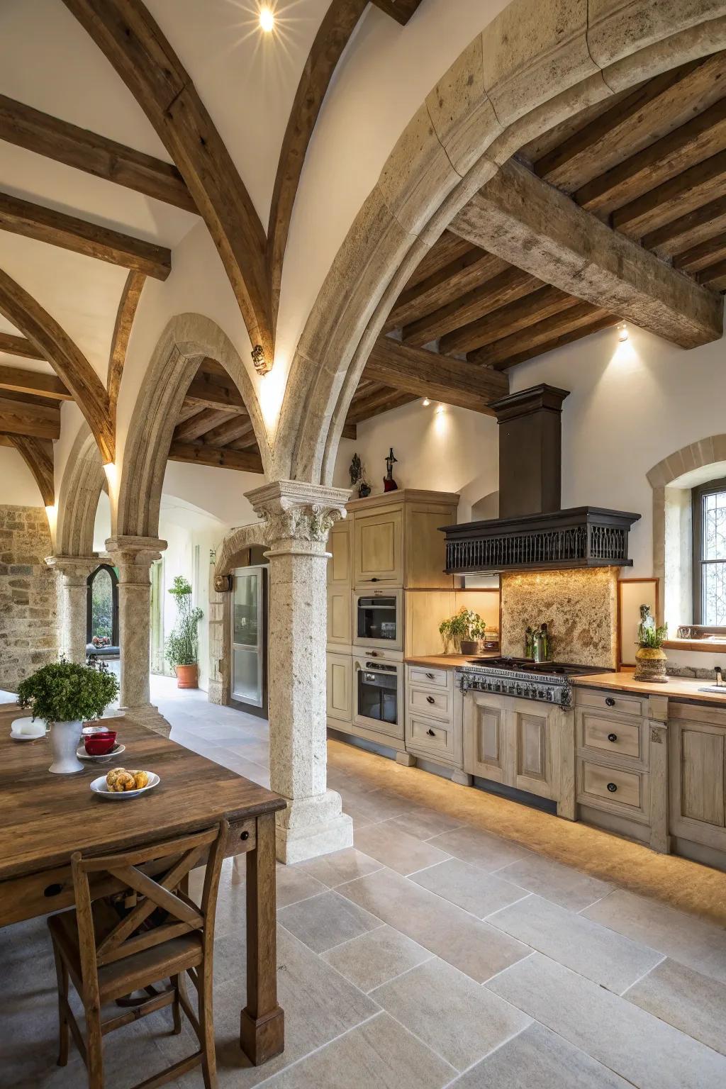 Architectural features add depth and character to the kitchen design.