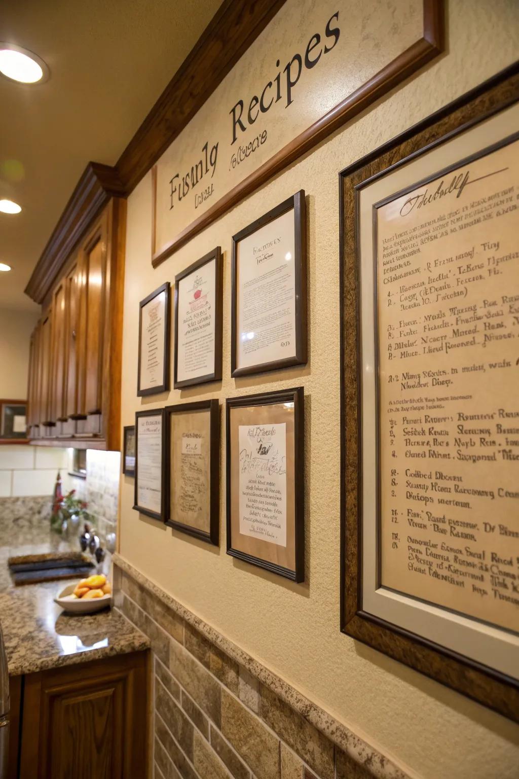A kitchen wall is adorned with displayed family recipes, celebrating heritage.