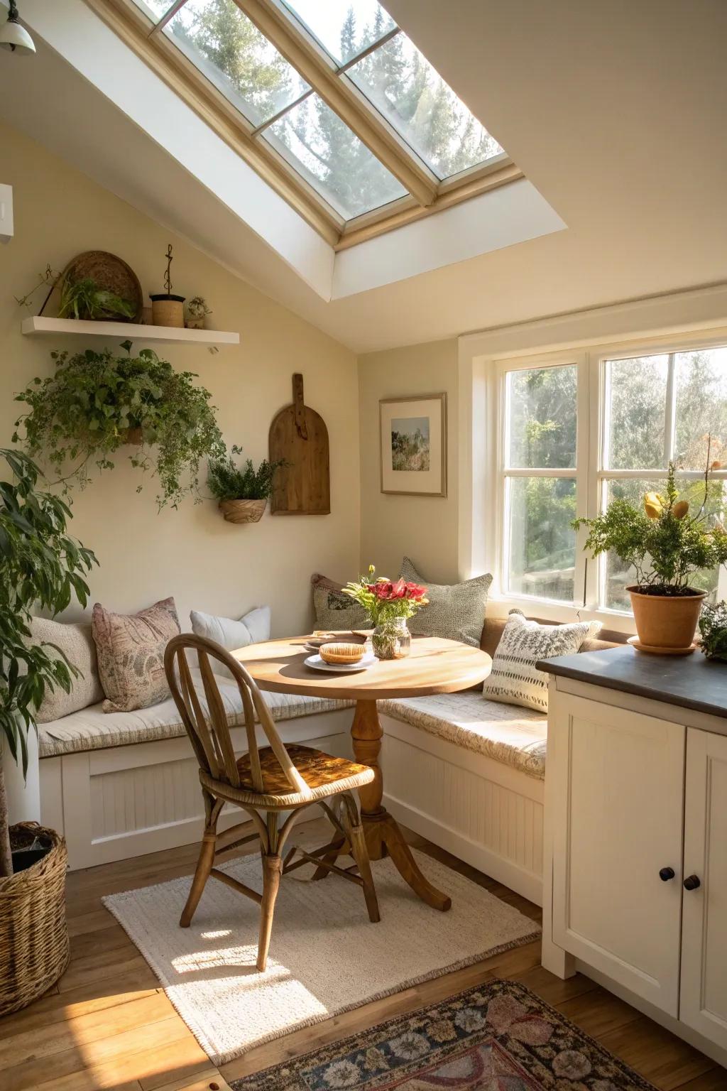Sunlight turns a breakfast spot into a cozy spot.