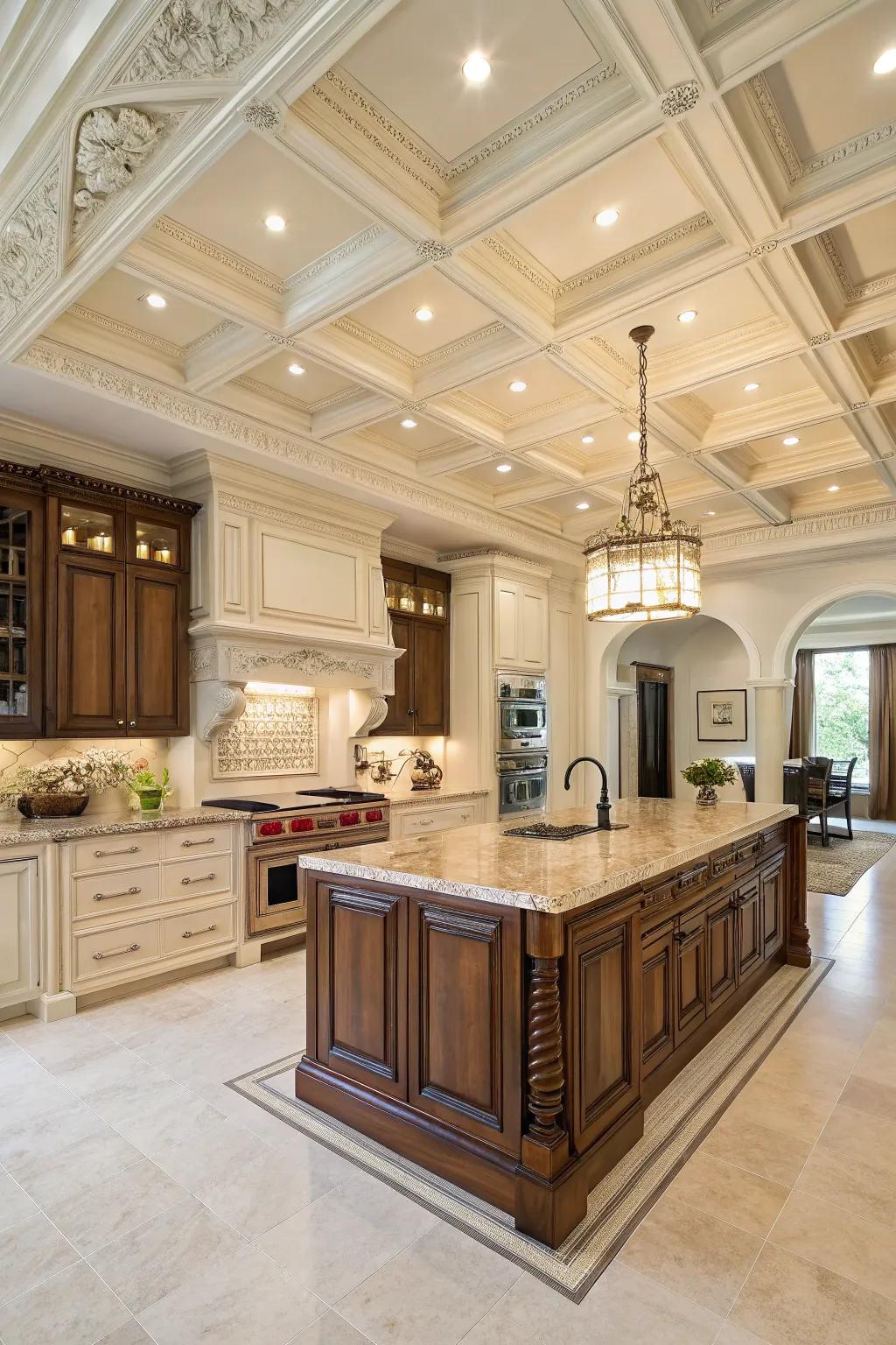 Paneled ceilings introduce refinement and depth to the kitchen.