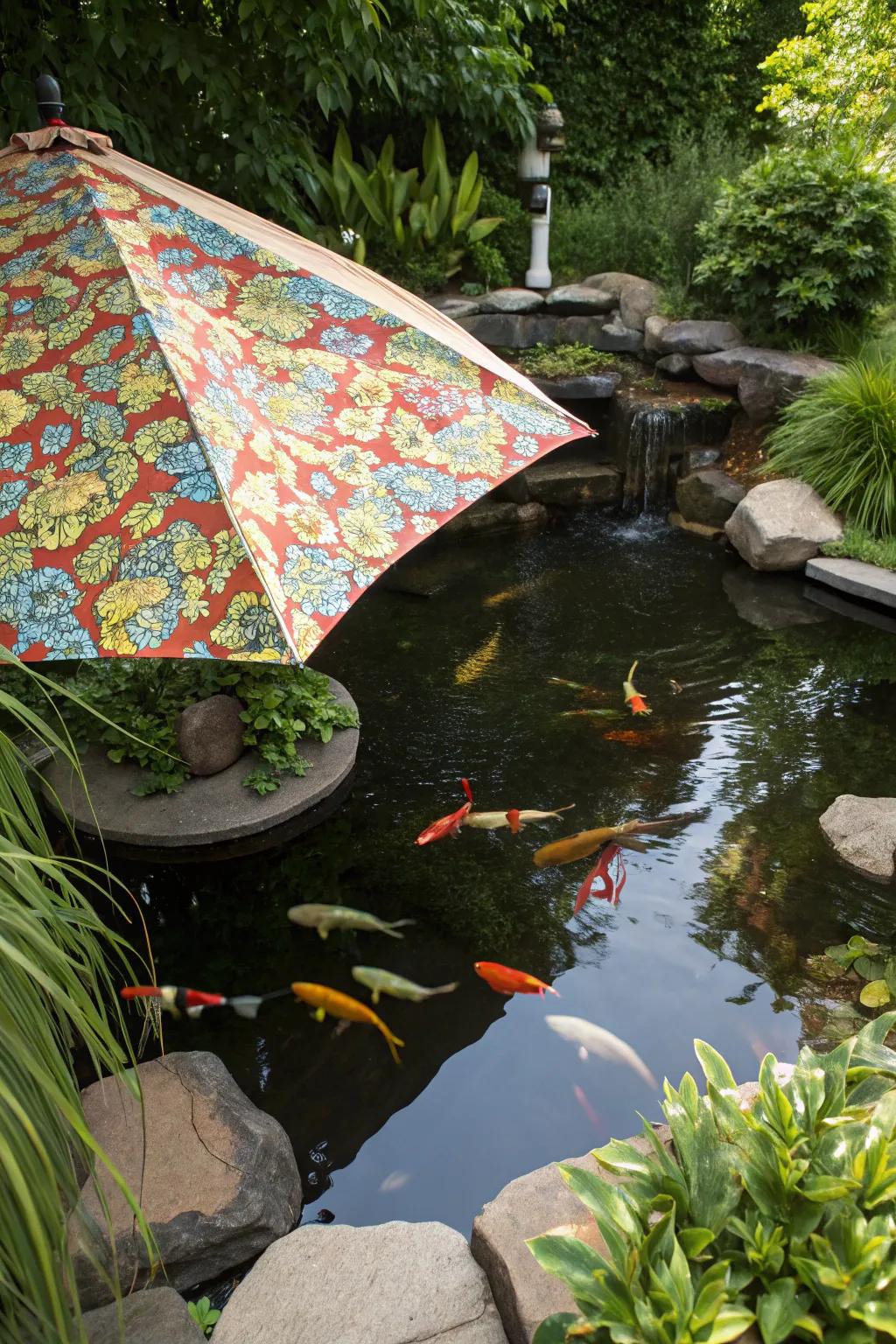 A koi pond with a custom fabric cover offering colorful shade.