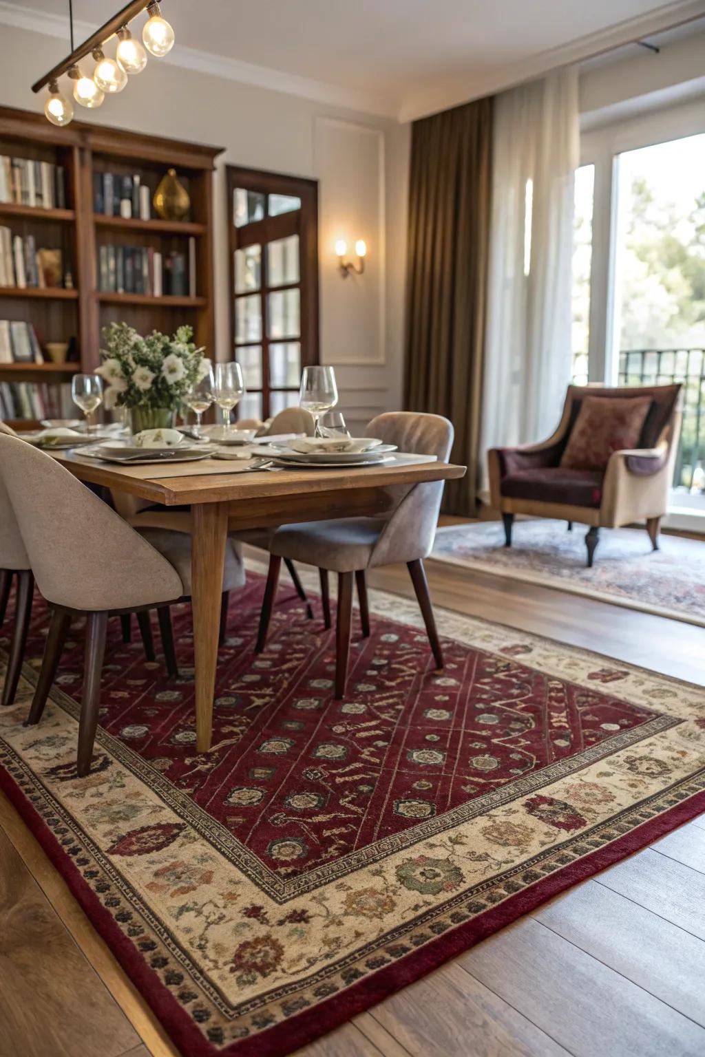 A rug can delineate the dining sector and infuse warmth.