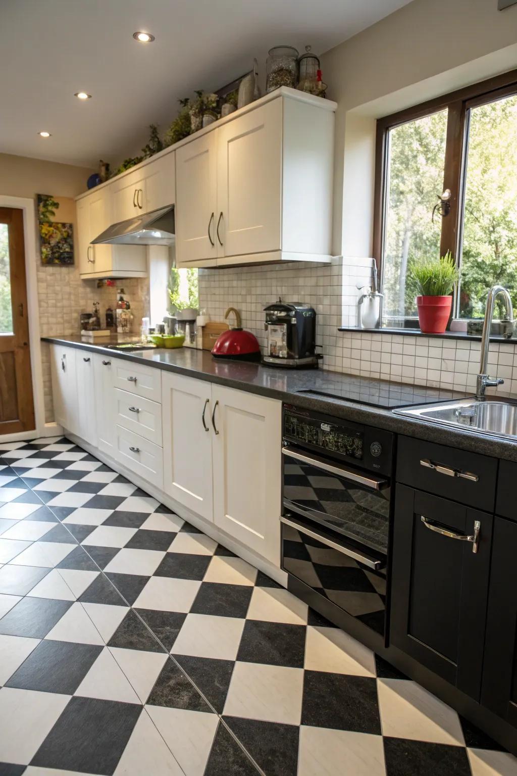 Black and white synthetic stone countertops offer timeless elegance.