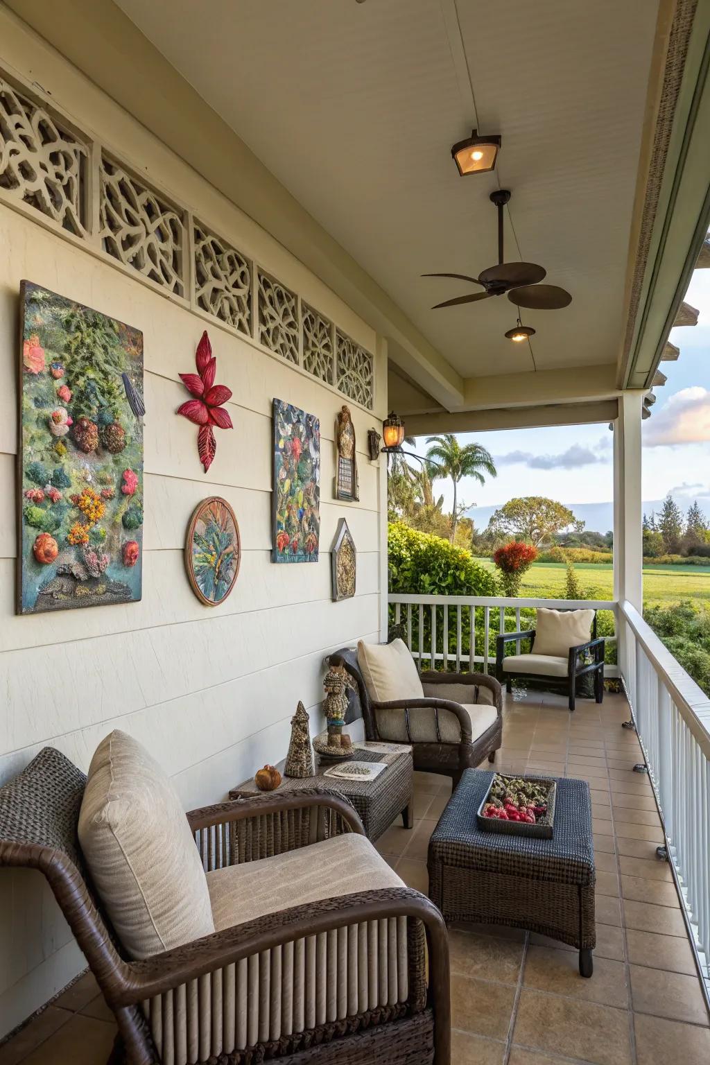 Artistic nuances add personality and charm to this lanai.