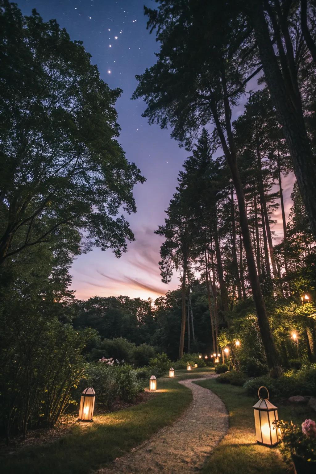A softly illuminated woodland path crafting an enchanting twilight atmosphere.