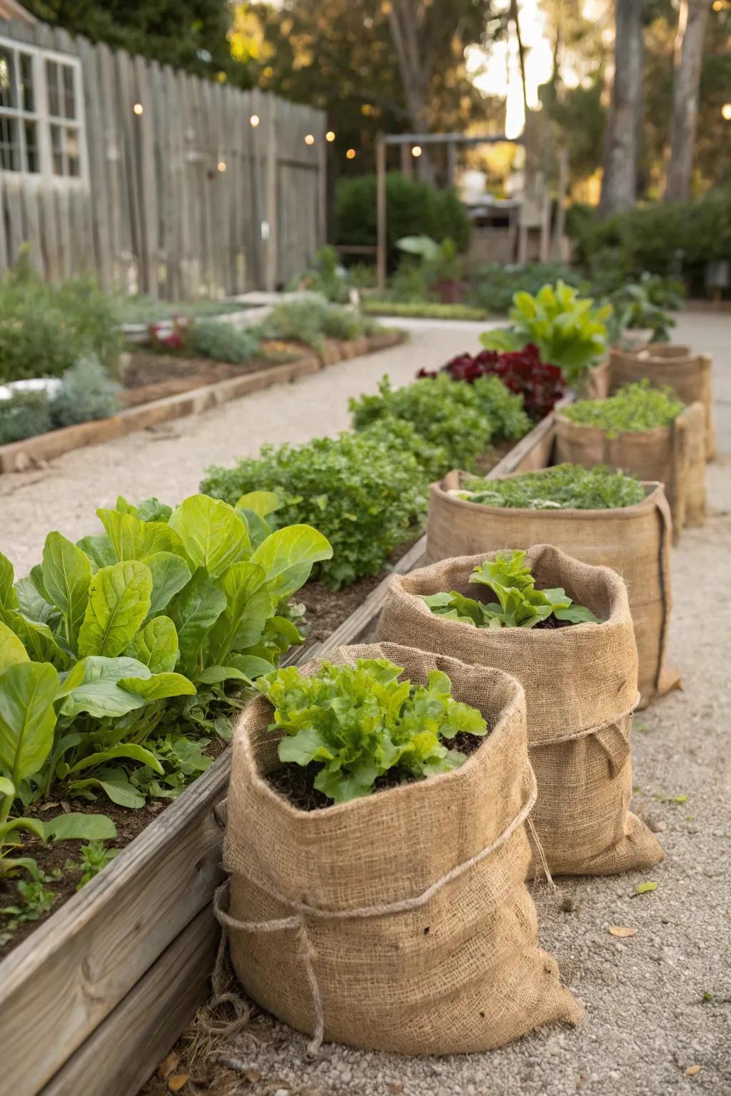 Cloth bags give a quick, country way to make raised beds.