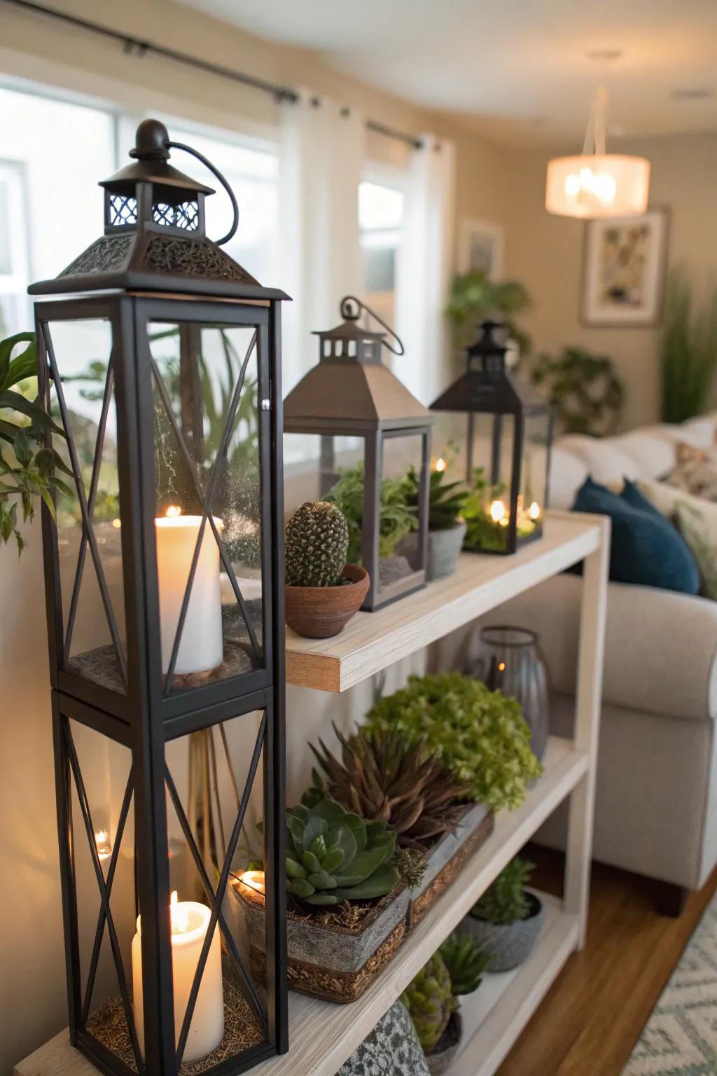 Luminaries with plants add a surprising touch of greenery.