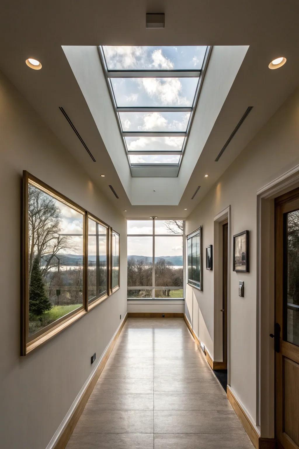 Skylights combined with a picture window creating a light-filled hallway.
