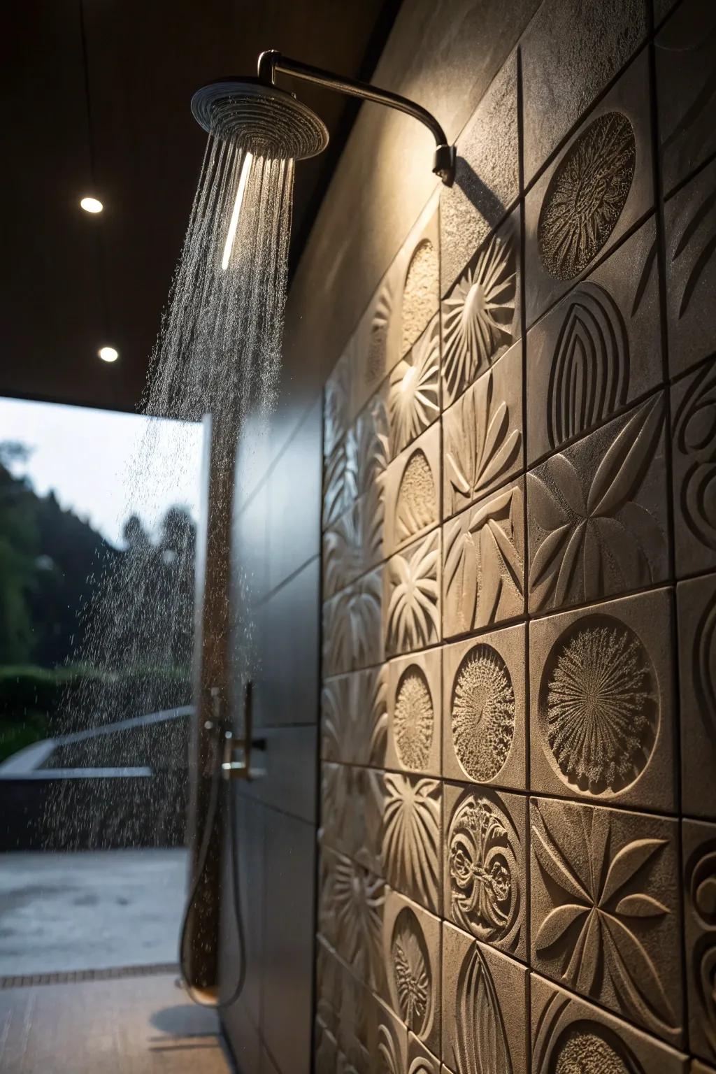 Textured tiles introduce depth and dimension to your shower walls.