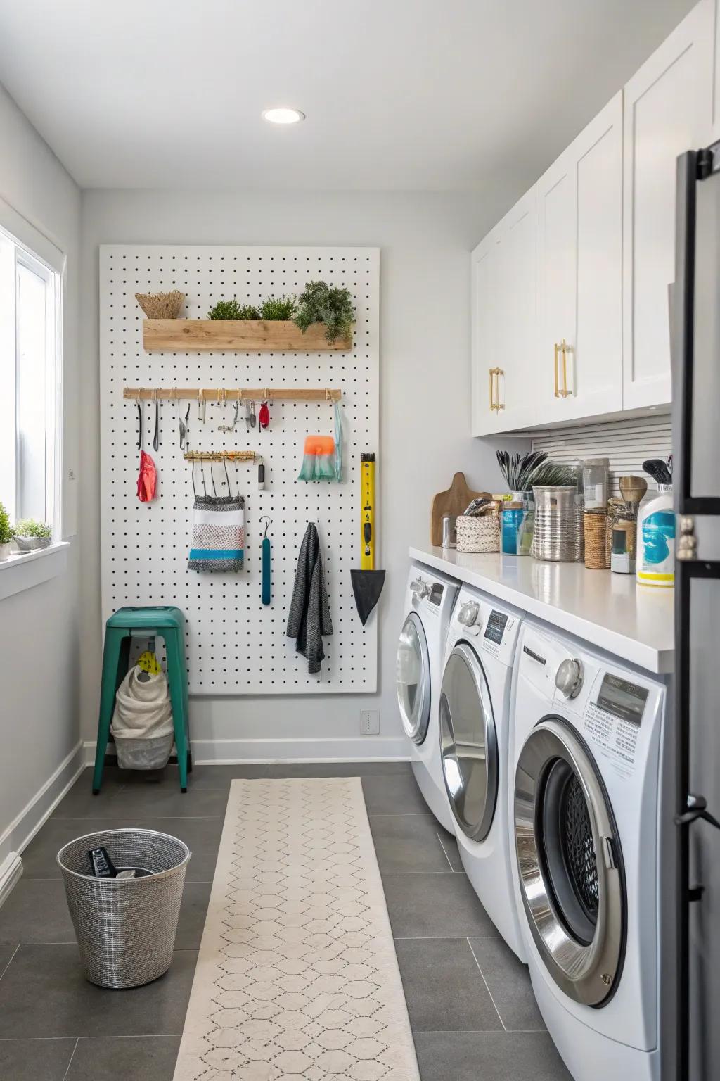 Practical storage options are combined with style in pegboard displays.