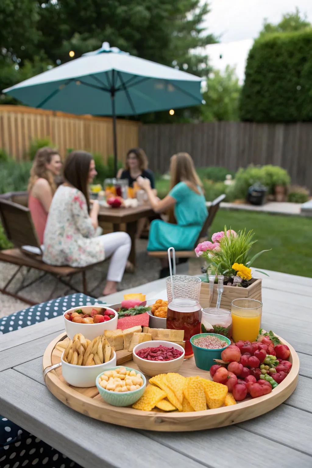 An open-air entertaining arrangement presenting a rotating organizer.