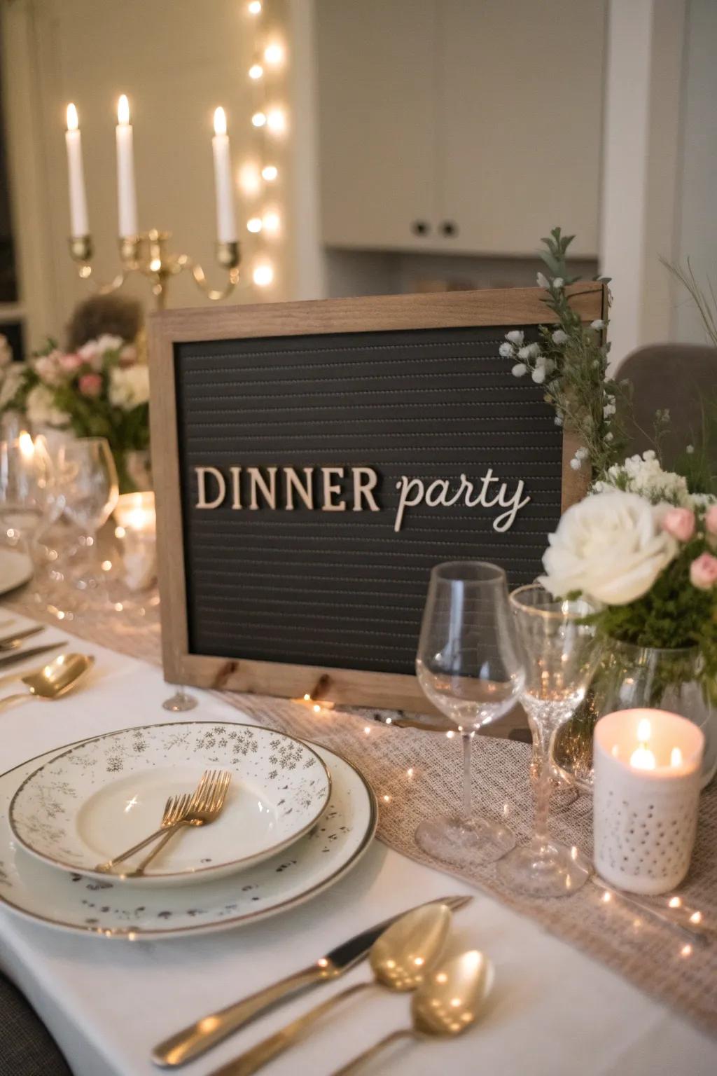 Setting the stage for a memorable dinner party with themed messages on a letter board.