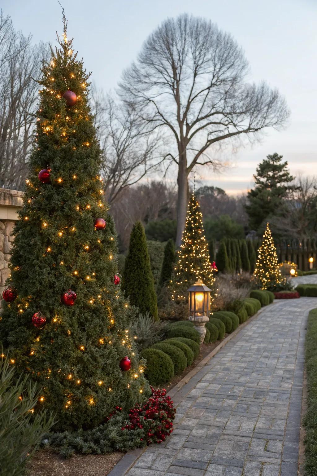 Add joyful charm to your garden through decorated Evergreen Sentinel trees.