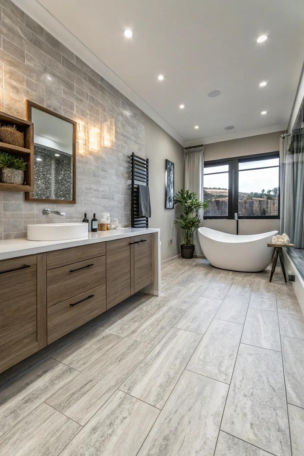 Gray stone look LVT flooring adds a modern edge to this contemporary bathroom.