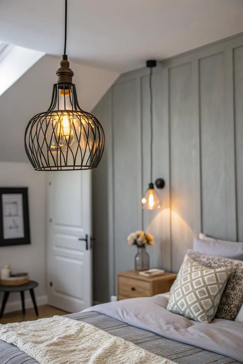 Statement lighting redefines the appearance of a bedroom.