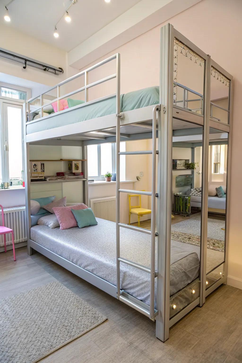 Mirrored accents create the illusion of more space.