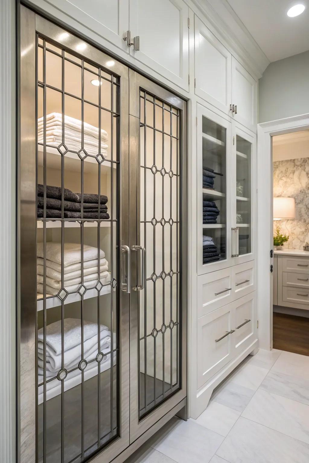 Metal grids adding a contemporary edge and air circulation to a linen storage.