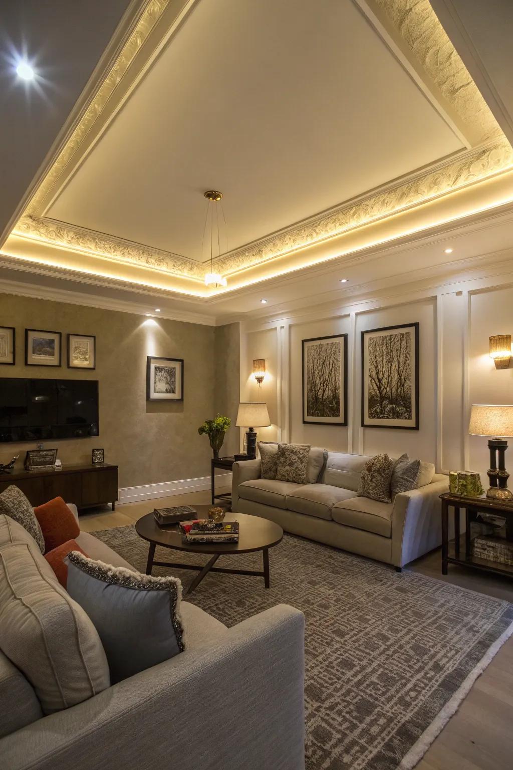 Layered illumination effect with illuminated crown molding.