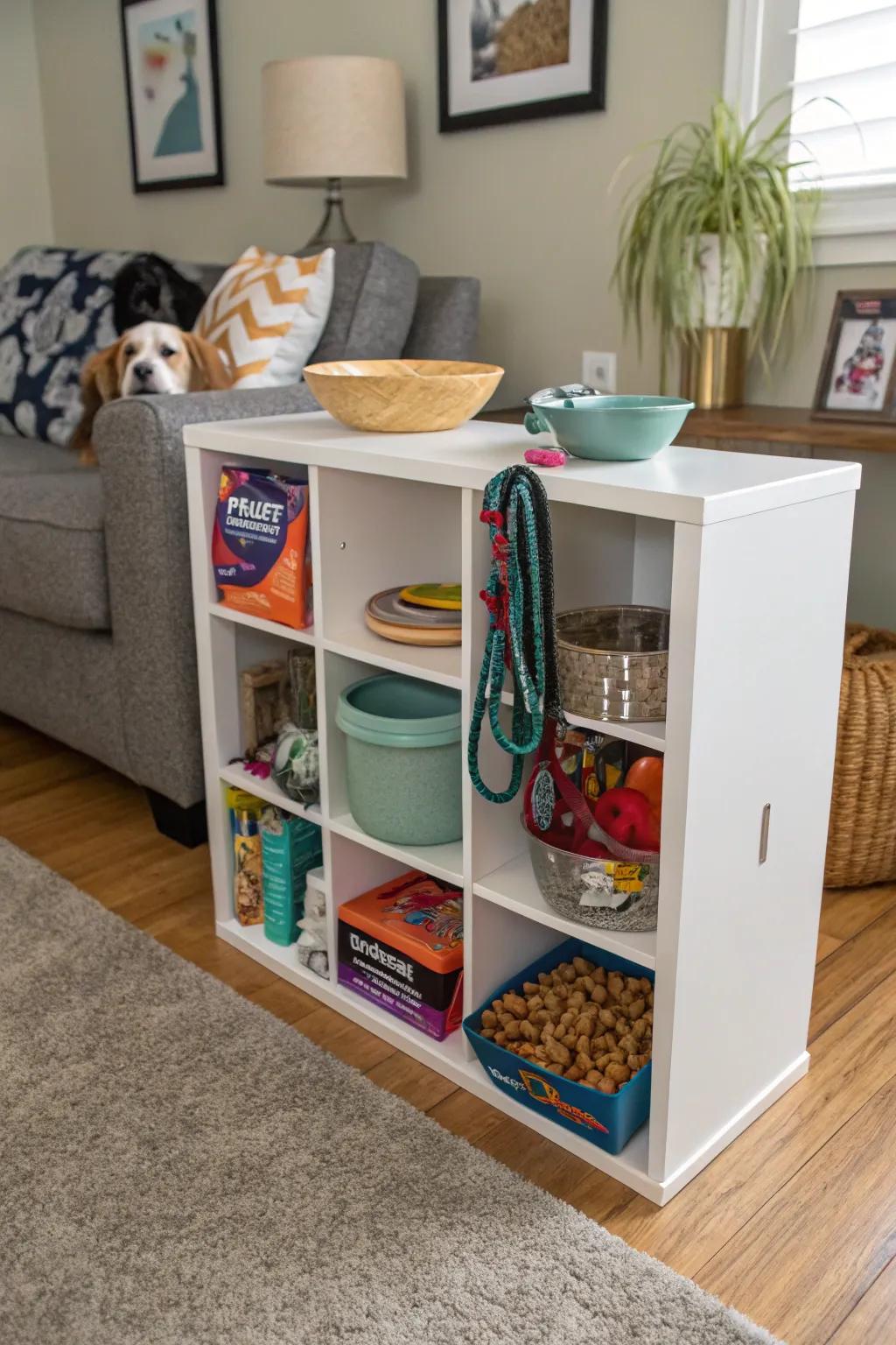 Pet-friendly organization using cube storage for a tidy home.