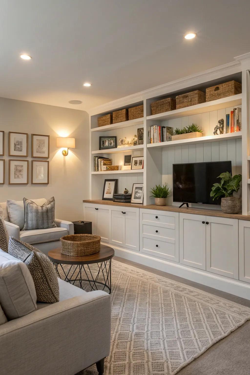 Smart storage options maintain a tidy living area.