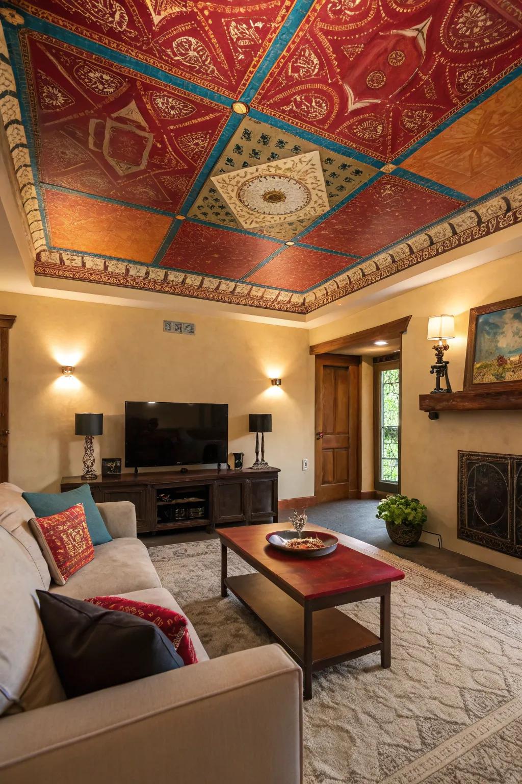A striking overhead contributes identity and dimension to the family room.