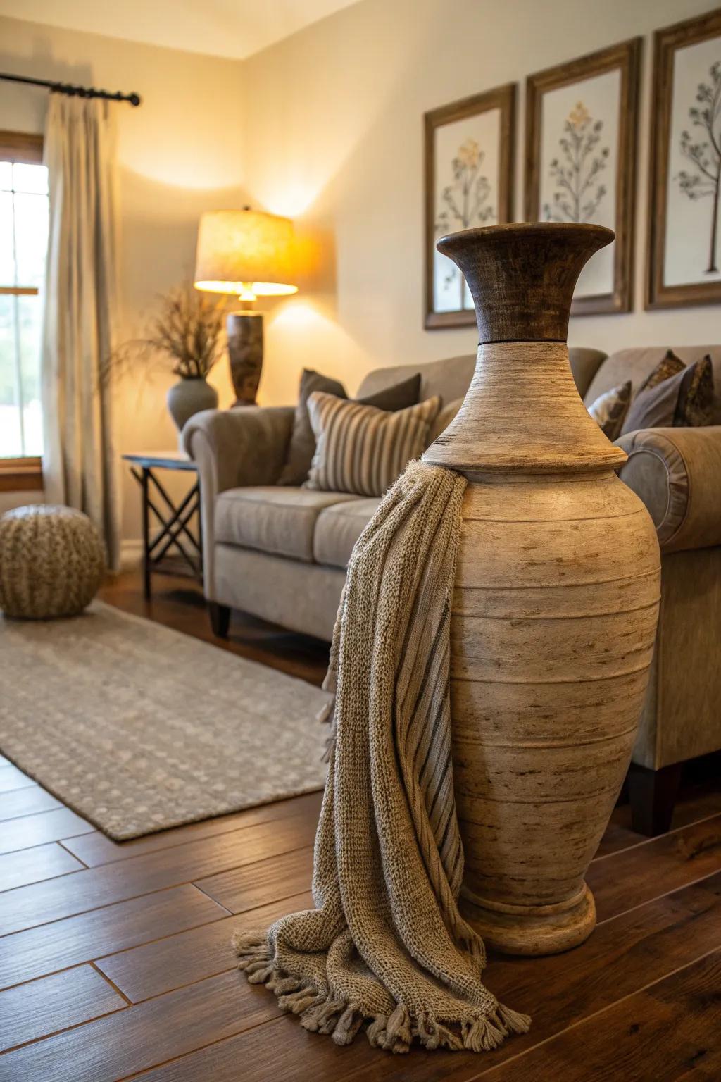 Fabrics laid over a vase incorporate softness and a tactile element to decor.