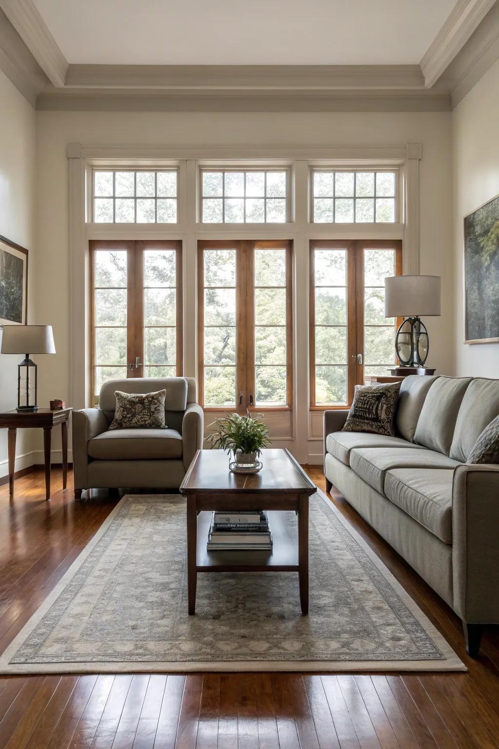 A balanced lounge with symmetrical furniture arrangement.