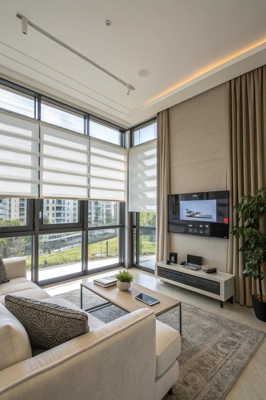 Automated blinds introducing ease and style to a contemporary living space.