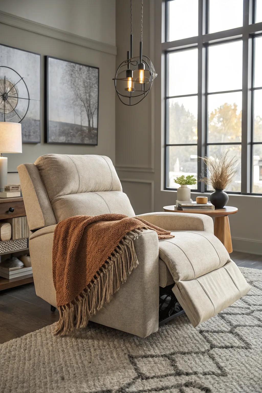 A warm and inviting recliner setup with a soft throw blanket.