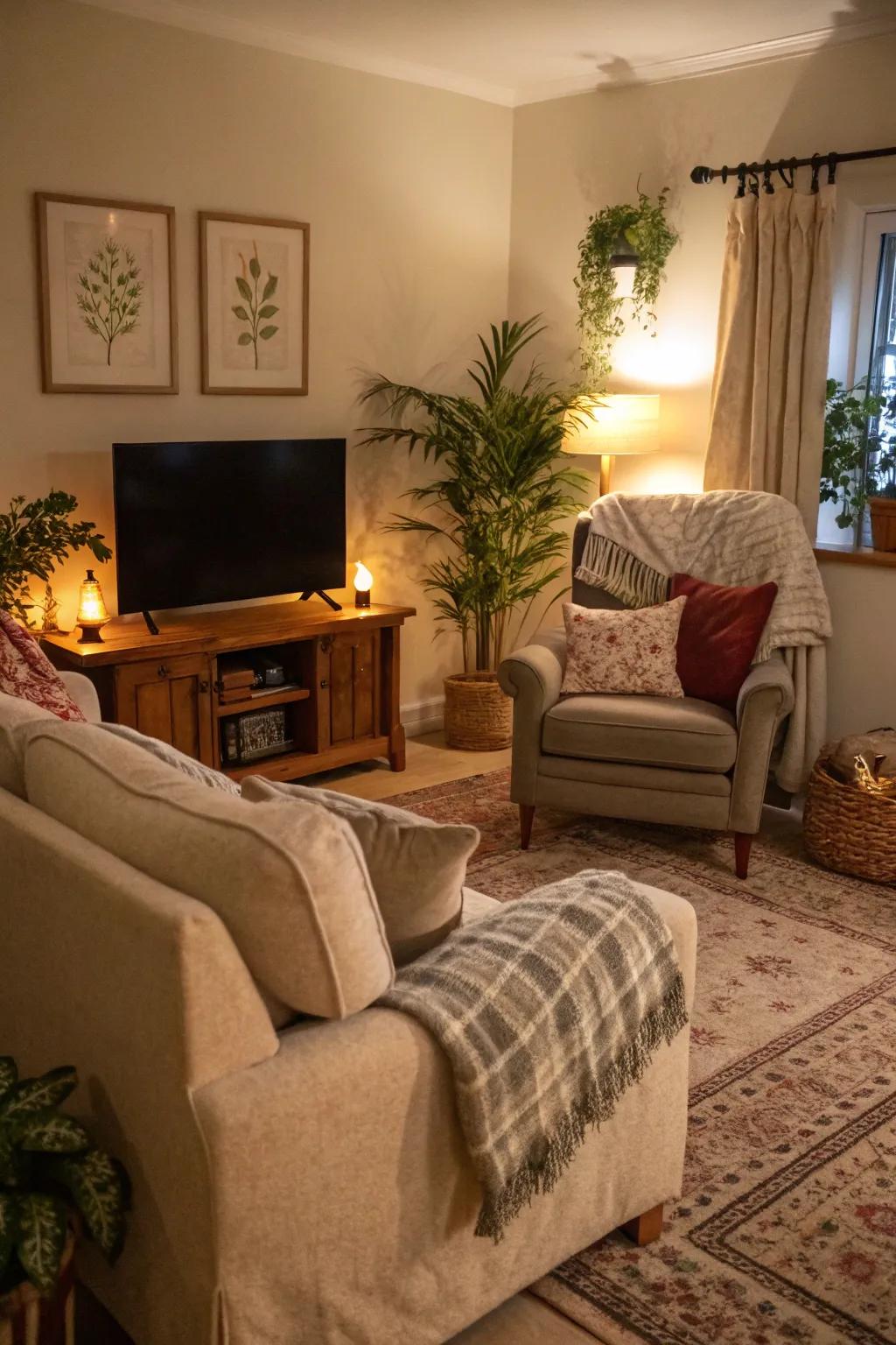 A cozy corner makes the TV area inviting for relaxation.