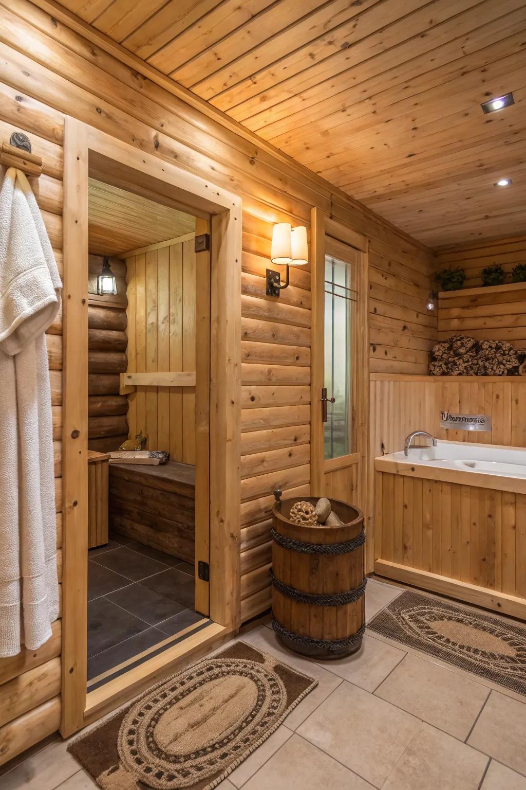 A log cabin bathroom featuring a small sauna.