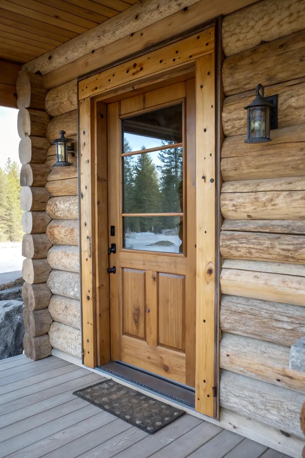 A cabin door featuring a blend of lumber and glass.