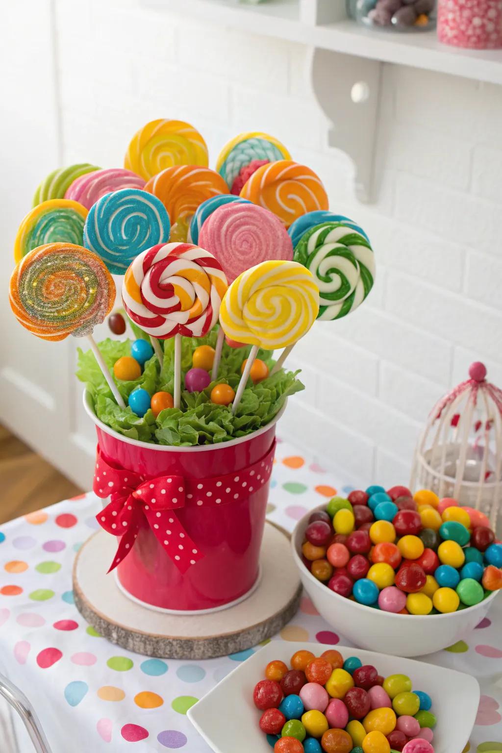 A layered candy and sweet bouquet full of surprises