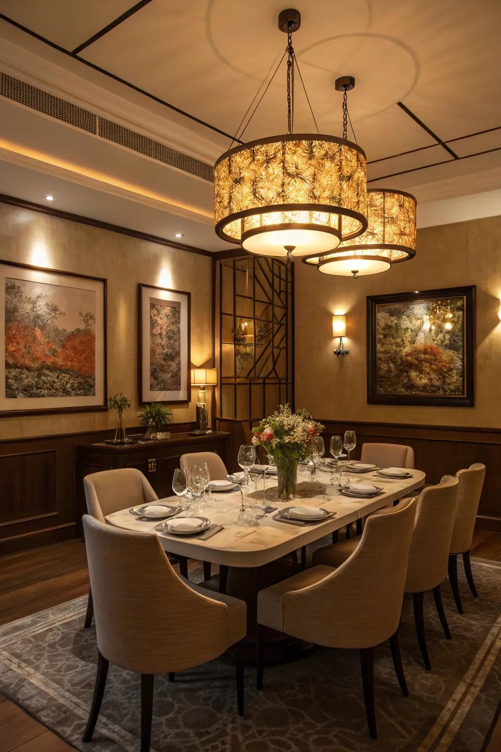 Lights with dimmers offer adaptability in a dining area.