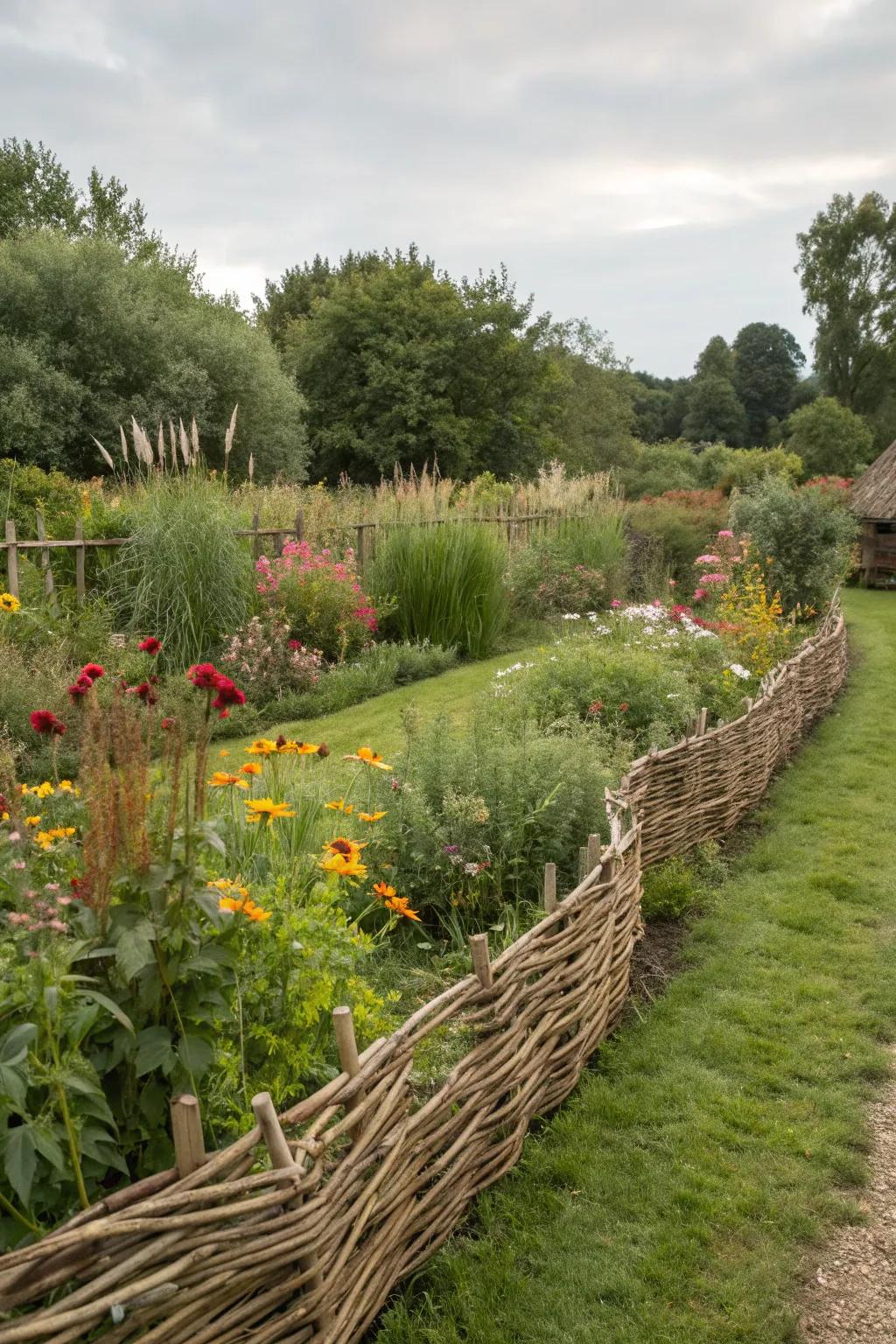 Hazel hurdle fencing combines rustic appeal and environmental friendliness.